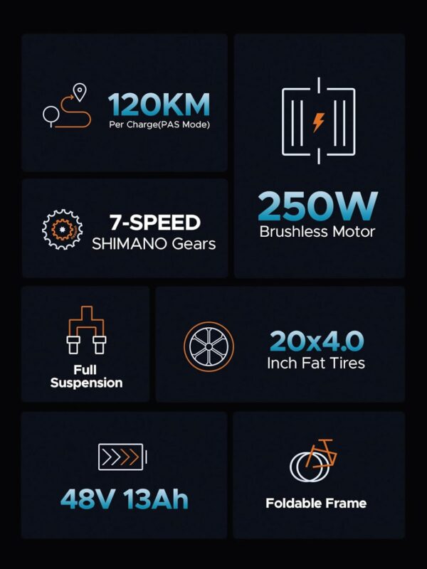 ENGWE Vélo Électrique Pliable 20 Pouces - Batterie 48V 13Ah, Moteur 250W, Autonomie Jusqu'à 120km, 7 Vitesses – Image 7