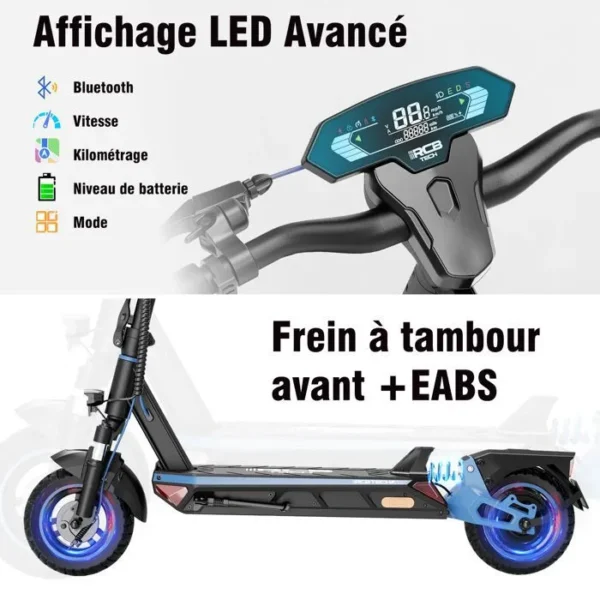 Trottinette Électrique Adulte Pliable RCB TECH R10S – 800W, Batterie 48V 16.8Ah, Pneus 10", APP Bluetooth, Bleu – Image 2