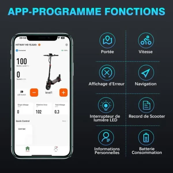 Trottinette Électrique Pliable HITWAY – 800W, Pneus 10", Batterie 48V 15.6Ah, APP, Confort et Puissance – Image 3