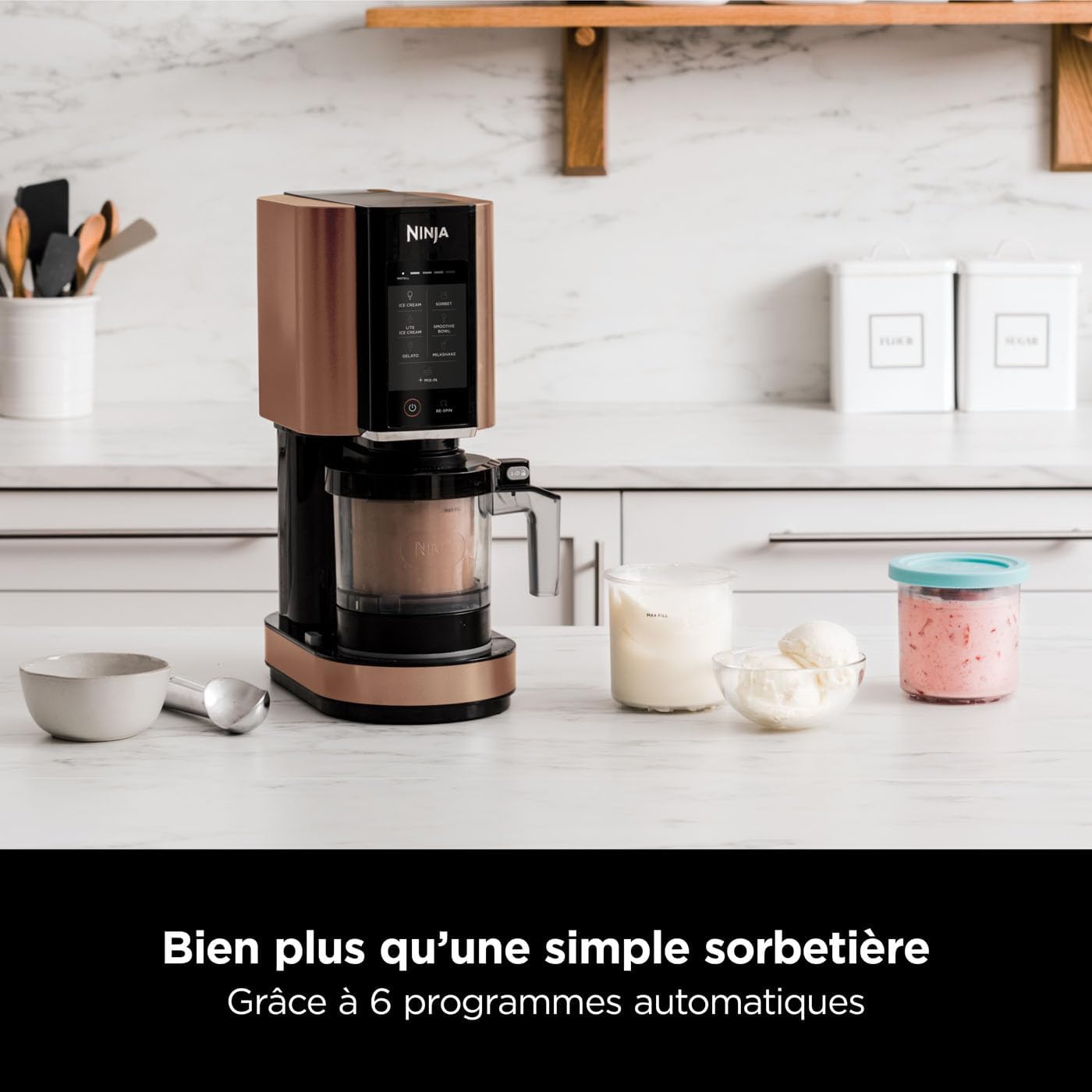 Ninja CREAMi Sorbetière & Fabrique à Desserts Glacés – 3 Pots, 7 Programmes (Crème glacée, Sorbets, Smoothie Bowls, etc.) – 1,4 L – Noir & Cuivre – Image 8