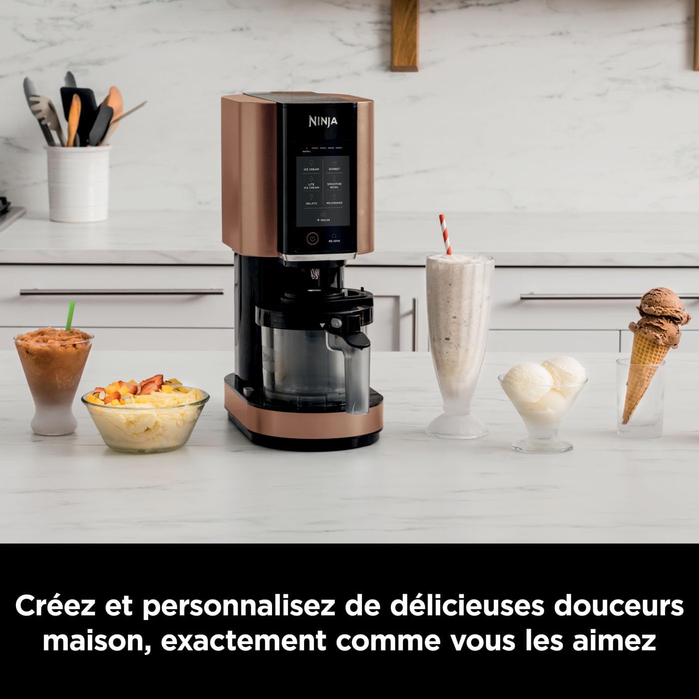 Ninja CREAMi Sorbetière & Fabrique à Desserts Glacés – 3 Pots, 7 Programmes (Crème glacée, Sorbets, Smoothie Bowls, etc.) – 1,4 L – Noir & Cuivre – Image 2